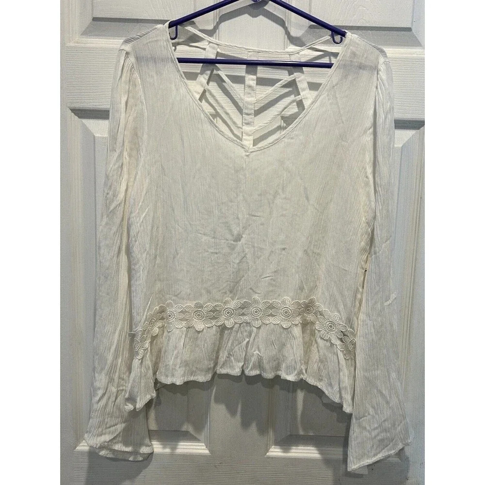Blu Pepper Cream Boho Festival Crop Top Open Back Long Sleeve Women’s Large NWT